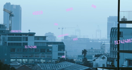 Image of numbers and data processing over cityscape - Powered by Adobe