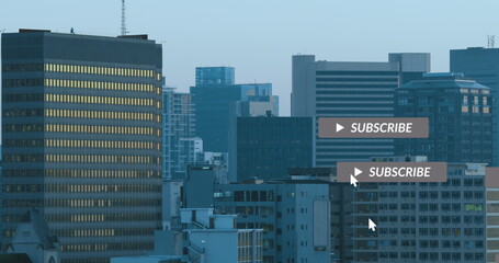 Image of social media icons and text over cityscape