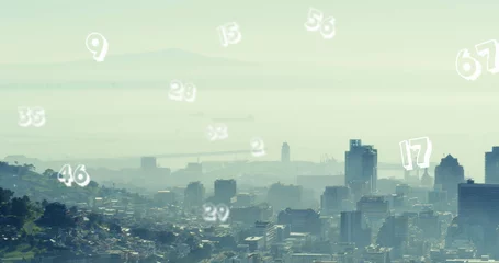 Foto op Plexiglas anti-reflex Image of numbers over fog covered aerial view of modern cityscape in background © vectorfusionart