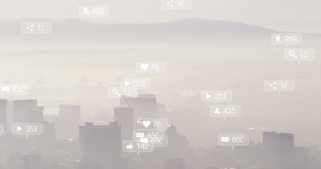 Image of social media icons and text over cityscape
