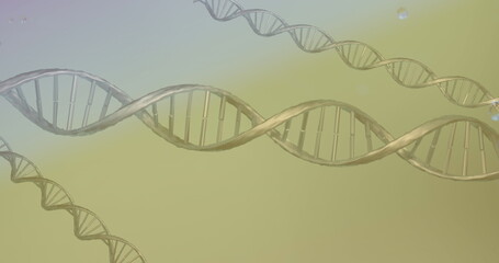 Image of bubbles over dna strands on green background