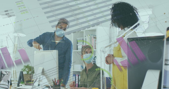 Image of financial data processing over diverse business people in face masks in office