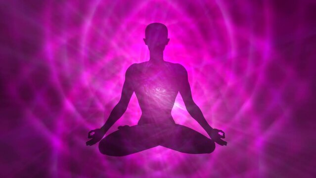Human figure in lotus yoga pose with purple spiral lines in background. Animation video, 4k