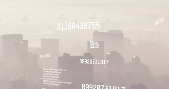Image of changing numbers over aerial view of fog covered buildings in background