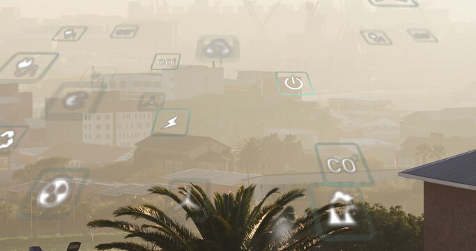 Image of eco icons and data processing over cityscape - Powered by Adobe