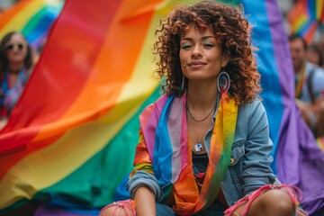 A young woman with a rainbow flag takes part in the festival by the LGBT community