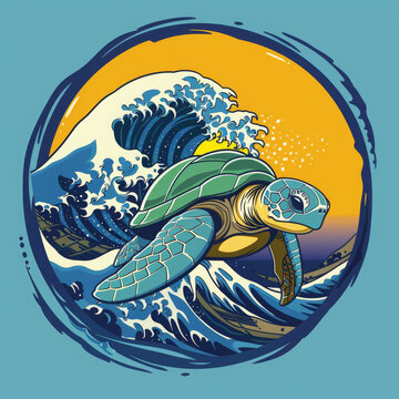 cute cartoon symbol of a turtle riding a wave. sport emblem with an animal in it (Generative Ai)