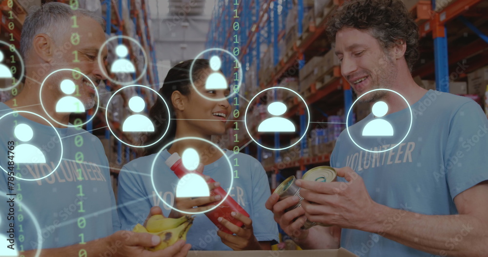 Poster image of network of icons with binary coding over diverse volunteers in warehouse