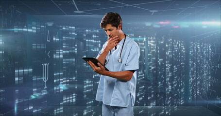 Image of mathematical equations over caucasian male doctor with tablet - obrazy, fototapety, plakaty