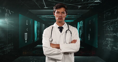 Image of mathematical equations over caucasian male doctor