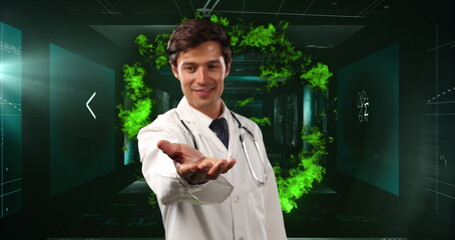 Image of mathematical equations and flames over caucasian male doctor