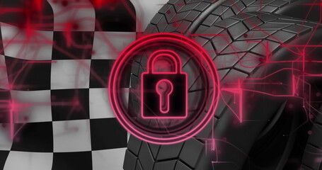 Image of padlock icon and data processing over tyres - Powered by Adobe