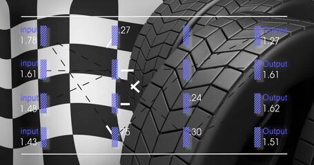 Fototapeta premium Image of finish flag and data processing over tyres