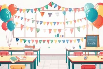 A classroom adorned with colorful banners and balloons to honor teachers on Teacher Appreciation Day.