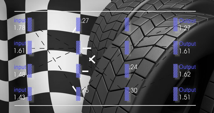 Naklejki Image of finish flag and data processing over tyres