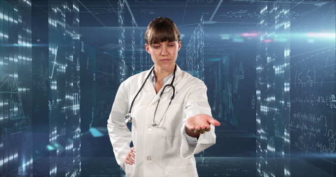 Image of mathematical equations over caucasian female doctor - Powered by Adobe