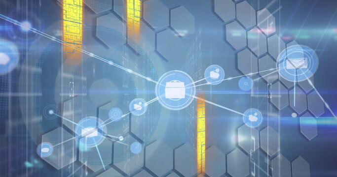 Image of connections and data processing over hexagons