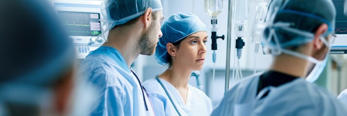 Healthcare professionals in scrubs are focused on a patient during a surgery in an operating room