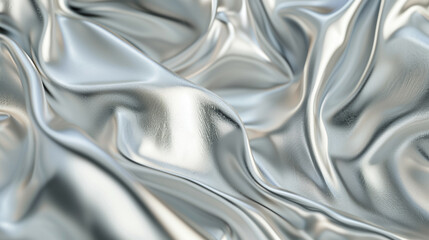 A silver fabric with a shiny texture. The fabric is draped over a surface, creating a sense of movement and fluidity. The image evokes a feeling of luxury and elegance.