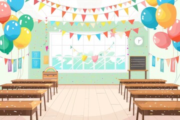 A vibrant classroom adorned with colorful balloons and streamers in honor of Teacher's Day.