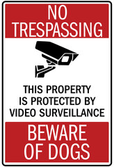 Beware of dog warning sign property protected by video surveillance