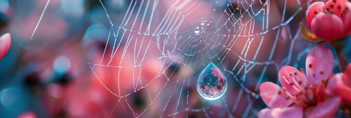 A mesmerizing close-up of a dewdrop perfectly balanced on a delicate spider web with a backdrop of vibrant flowers - obrazy, fototapety, plakaty