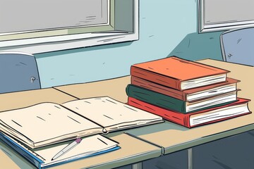 A stack of textbooks and notebooks on a desk in a classroom illustration