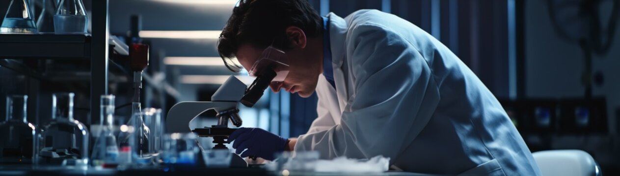 An intense image capturing a focused scientist examining samples under a microscope in a modern laboratory environment