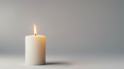 White candle on bright background with a free place for text. Concept of home, spa, relaxation, meditation or festive celebration banner.
