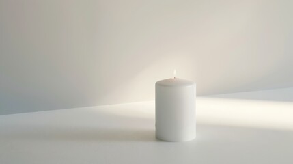 White candle on bright background with a free place for text. Concept of home, spa, relaxation, meditation or festive celebration banner.