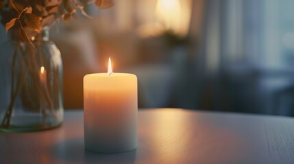 White candles on the table at home. Background with a free place for text. Concept of home, spa, relaxation, meditation or decoration