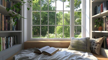 Building a cozy reading nook by the window, tranquil, literary escape, sunny - obrazy, fototapety, plakaty