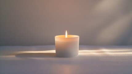 Fototapeta na wymiar White candle on bright background with a free place for text. Concept of home, spa, relaxation, meditation or festive celebration banner.
