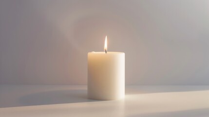 Fototapeta na wymiar White candle on bright background with a free place for text. Concept of home, spa, relaxation, meditation or festive celebration banner.