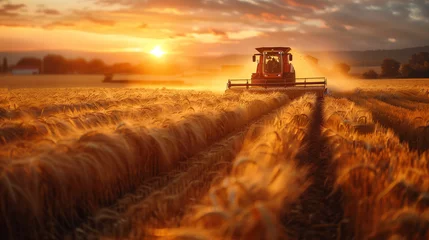 Foto op Canvas Grain harvester in a golden wheat field © kura