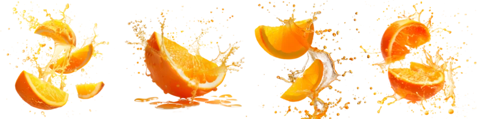Fototapeten Set of oranges exploding and bursting into pieces with juice splatters in different directions, isolated on a white or transparent background. Fruit explosion, orange juice splashes, side view. © SERSOLL