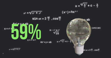 Fototapeta premium Image of lightbulb and percent over mathematical data processing