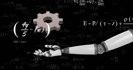 Image of cog and robot's arm over mathematical data processing