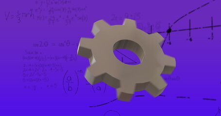 Image of grey cog over mathematical data processing