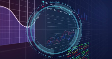 Image of loading circles, shield over graphs and trading boards against black background