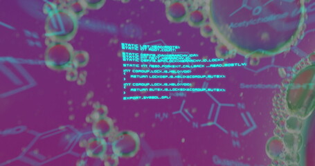 Image of chemical formula over bubbles on purple background