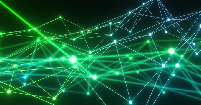 Image of network of connections with glowing nodes over black background