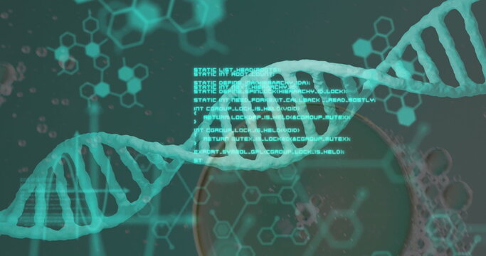 Image of bubbles over dna strand and data processing on green background