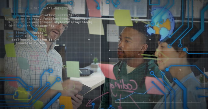 Image of hud interface screens over diverse businessman explaining to coworkers over sticky note