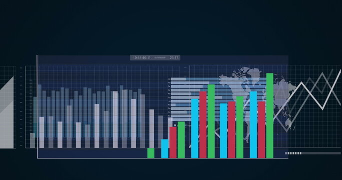 Image of multiple graphs, loading bar and map over black background