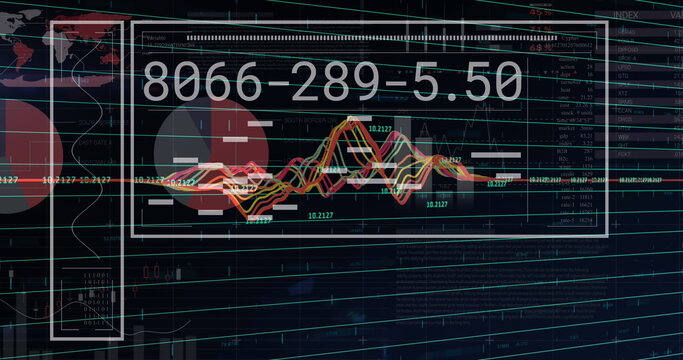 Image of multiple graphs, changing numbers and infographic interface over black background