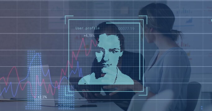 Image of digital profile picture, multiple graphs, diverse female coworkers discussing on desk