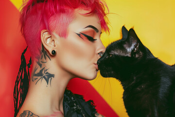 Portrait of a punk woman with a cat. Yellow and pink theme.