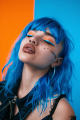 Portrait of a punk woman with blue hair and closed eyes, standing in front of a blue and orange background.