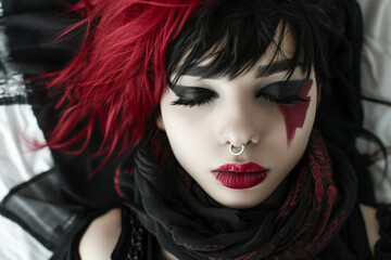 Portrait of a goth woman with black and red hair.